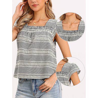 Gingham Top for Women Casual Square Neck Cap Sleeve Peasant Summer Blouse Top