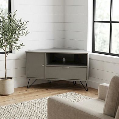 Modern Gray Wood Corner TV Stand with Multi-Storage Compartments