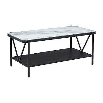 Black Steel Coffee Table with Tempered Marble Glass Shelf and Modern Design