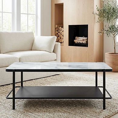 Black Steel Coffee Table with Tempered Marble Glass Shelf and Modern Design