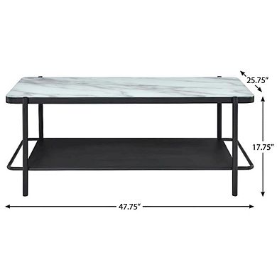 Black Steel Coffee Table with Tempered Marble Glass Shelf and Modern Design