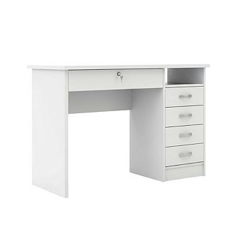 Elegant White Computer Desk Featuring Five Drawers and Open Shelf Design