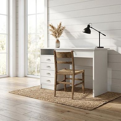 Elegant White Computer Desk Featuring Five Drawers and Open Shelf Design