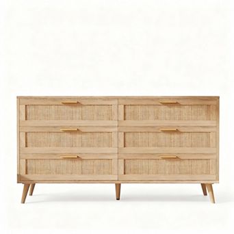 Six-drawer rattan nightstand and dressing cabinet with gold handles, suitable for bedroom and living