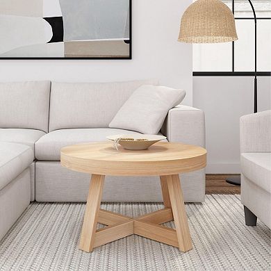 Modern Round Coffee Table: 30" Pine Wood, Slim Design for Small Spaces