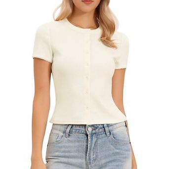 Short Sleeve Knit Top for Women Casual Crew Neck Button Down Softy Comfy Knitted Tshirts
