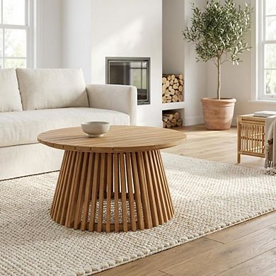 Brown Round Coffee Table Solid Acacia Wood Modern Design Single Piece