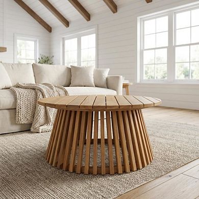 Brown Round Coffee Table Solid Acacia Wood Modern Design Single Piece