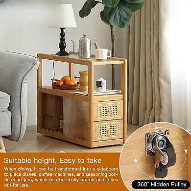 Rattan Side Table with Glass Top and Storage