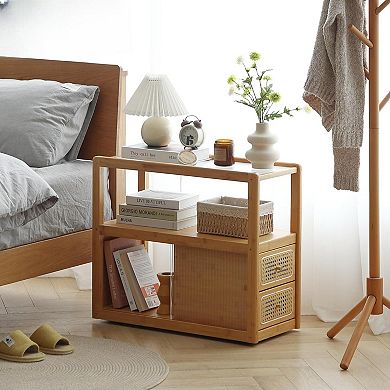 Rattan Side Table with Glass Top and Storage