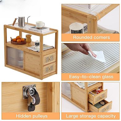 Rattan Side Table with Glass Top and Storage