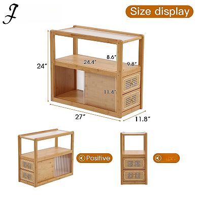 Rattan Side Table with Glass Top and Storage