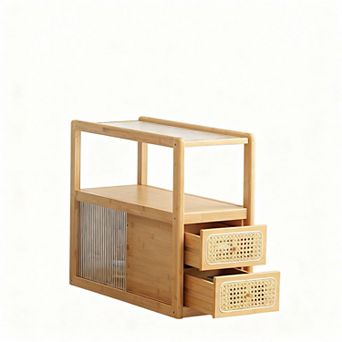 Rattan Side Table with Glass Top and Storage