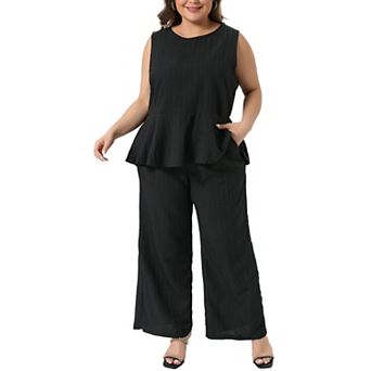 Women's Plus Size Pants Sets 2 pc Outfits Round Neck Peplum Ruffle Tank Tops Wide Leg Pants Set