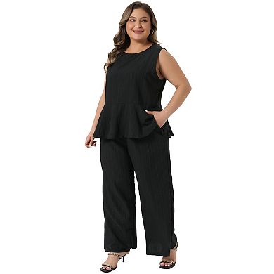 Women's Plus Size Pants Sets 2 Piece Outfits Round Neck Peplum Ruffle Tank Tops Wide Leg Pants Set