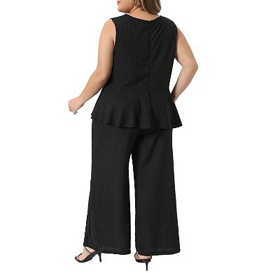 Women's Plus Size Pants Sets 2 Piece Outfits Round Neck Peplum Ruffle Tank Tops Wide Leg Pants Set