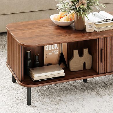 Mid Century Modern Coffee Table with Sliding Door & Storage