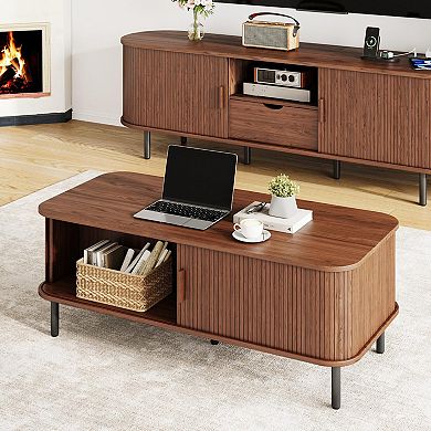 Mid Century Modern Coffee Table with Sliding Door & Storage