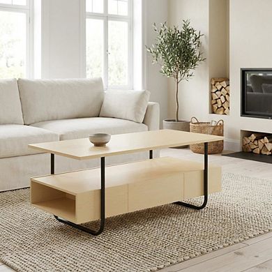 Brown Wood Storage Coffee Table with Metal Frame and Composite Board Surface
