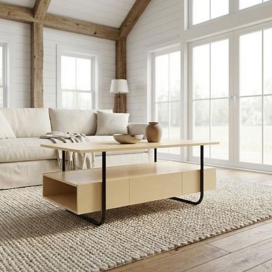 Brown Wood Storage Coffee Table with Metal Frame and Composite Board Surface