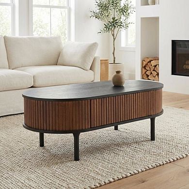 Black Oval Coffee Table with MDF Top and Rubberwood Frame, 1 Drawer Storage