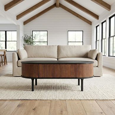 Black Oval Coffee Table with MDF Top and Rubberwood Frame, 1 Drawer Storage