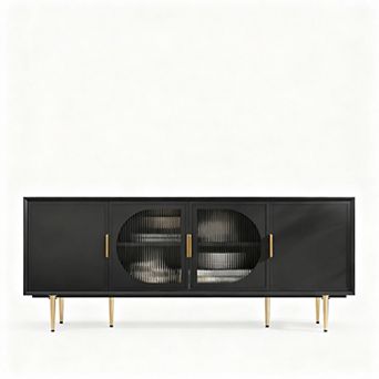 Modern 66" TV Stand, 75" TV Fit, Glass Door, 3 Cabinets, Cable Management