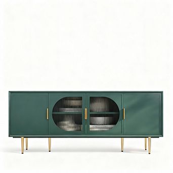 Modern 66" TV Stand, 75" TV Fit, Glass Door, 3 Cabinets, Cable Management