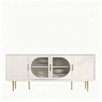 Modern 66" TV Stand, 75" TV Fit, Glass Door, 3 Cabinets, Cable Management