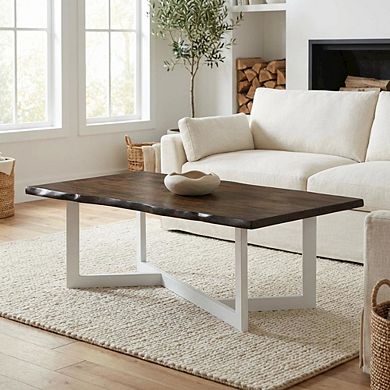 Brown Rubber Wood Coffee Table with Iron Frame Contemporary Design