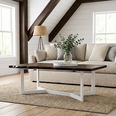 Brown Rubber Wood Coffee Table with Iron Frame Contemporary Design