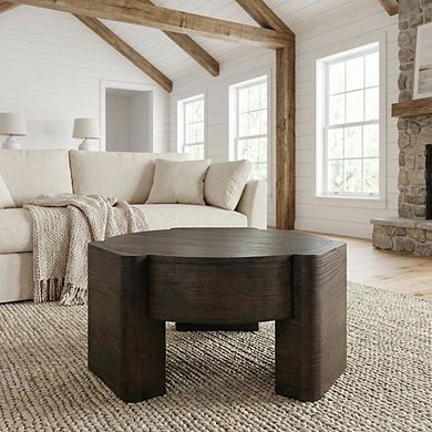 Brown Steel Round Coffee Table with Sturdy Frame and Sleek Design