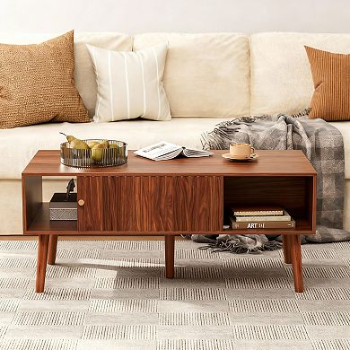 Mid-Century Sliding Door Coffee Table with Storage