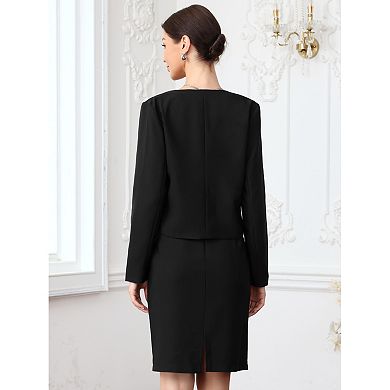 Business Skirt Suit Set for Women 2 Piece Office Work Open Front Cropped Blazer Jacket Pencil Skirt