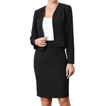 Business Skirt Suit Set for Women 2 pc Office Work Open Front Cropped Blazer Jacket Pencil Skirt