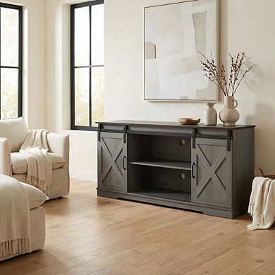 Grey farmhouse TV stand for 56-inch screens in engineered wood construction