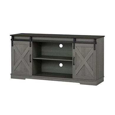 Grey farmhouse TV stand for 56-inch screens in engineered wood construction