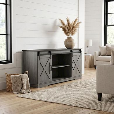 Grey farmhouse TV stand for 56-inch screens in engineered wood construction