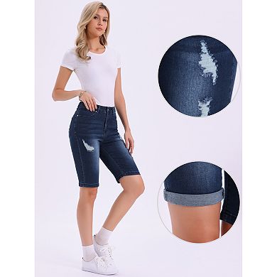 Capri Denim Pants for Women's Cuffed High Waist Ripped Distressed Jeans