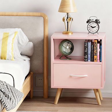 Modern side table, bedside table with drawer, two-tier storage for small spaces