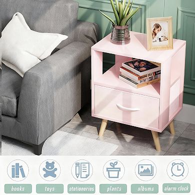 Modern side table, bedside table with drawer, two-tier storage for small spaces