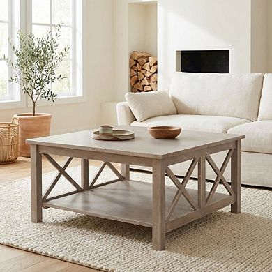 Washed Gray Taupe Coffee Table Hardwood Construction with Easy-Clean Surface