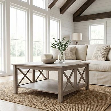 Washed Gray Taupe Coffee Table Hardwood Construction with Easy-Clean Surface