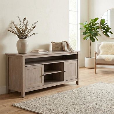 Washed Gray Taupe Entertainment TV Stand with 2 Doors and Hardwood Construction