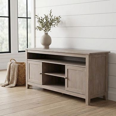 Washed Gray Taupe Entertainment TV Stand with 2 Doors and Hardwood Construction