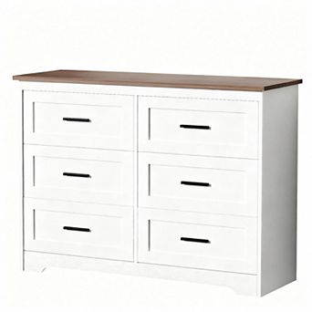 Rustic-style six-drawer bedside cabinet with a charging port, suitable for bedrooms and hallways