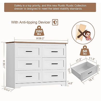 Rustic-style six-drawer bedside cabinet with a charging port, suitable for bedrooms and hallways