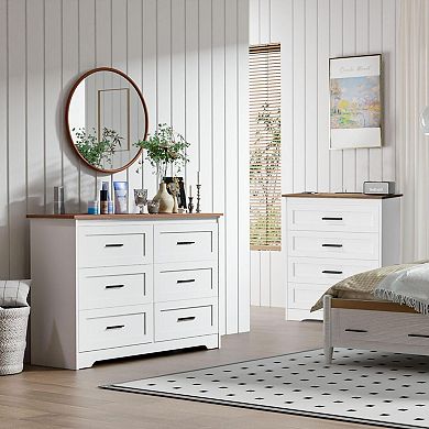 Rustic-style six-drawer bedside cabinet with a charging port, suitable for bedrooms and hallways