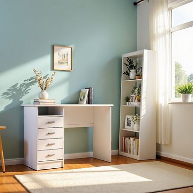 White Desk with 4 Drawers - Modern Office Desk for Storage and Productivity