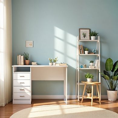 White Desk with 4 Drawers - Modern Office Desk for Storage and Productivity